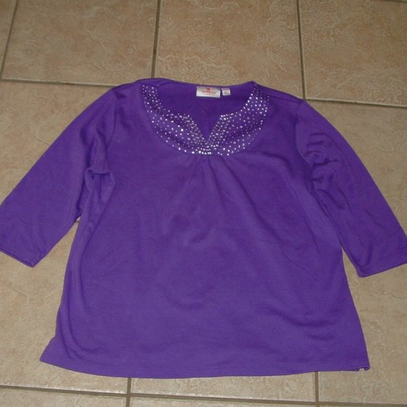 Purple Sz Large Casual Wear Embellished Stretchy Cotton Blend Tee Shirt - Picture 1 of 2
